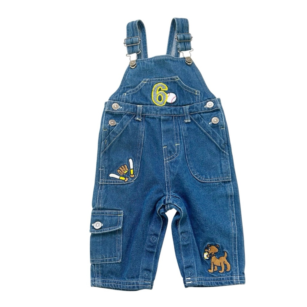 Boys Vintage Denim Kids Overalls with Baseball & Puppy Design Cotton 6/9 Months